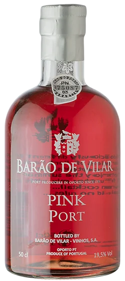 Taça de vinho do Porto Barão de Vilar Pink, vinho rosé com garrafa elegante e rótulo detalhado.