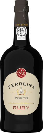 Vinho do Porto Ferreira Ruby da Casa Ferreirinha, garrafa de vinho tinto de cor rubi intensa e rótulo visível.