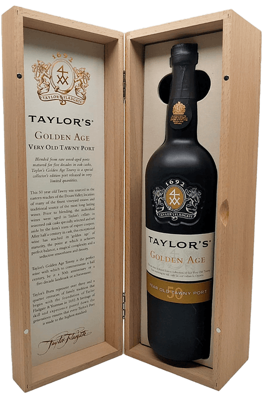 Vinho do Porto Taylor's Golden Age 50 Anos, garrafa de vidro com rótulo dourado e envelhecimento premium.