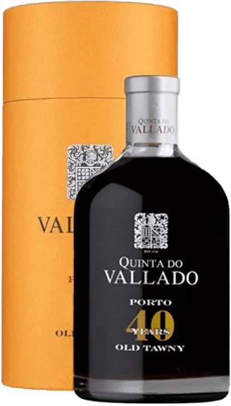 Vinho do Porto Quinta do Vallado Tawny 40 Anos, garrafa elegante com rótulo dourado e tampo de cortiça.