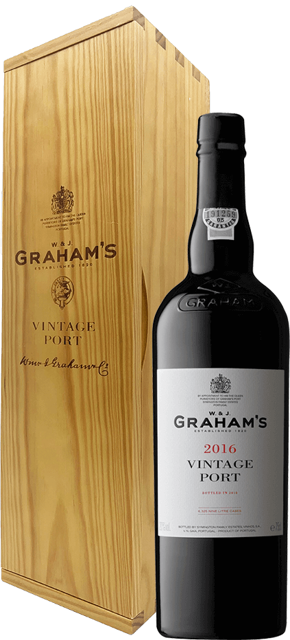 Taça de vinho do Porto Graham's Vintage 2016 da Symington Family Estates, mostrando a garrafa e a taça com vinho escuro.