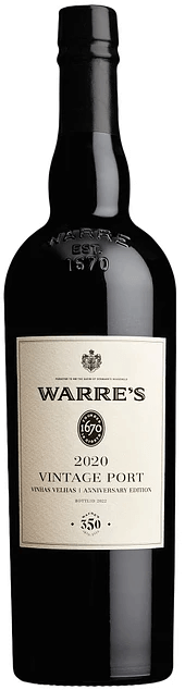 Vinho do Porto Warre's Vintage Vinhas Velhas 2020 em garrafa elegante, com rótulo clássico e detalhes dourados.
