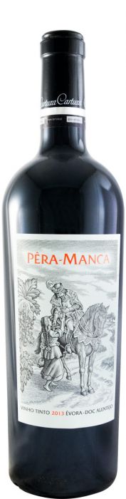 Taça de vinho tinto Pera Manca Tinto da marca Cartuxa, com garrafa e copo de vinho tinto na imagem.