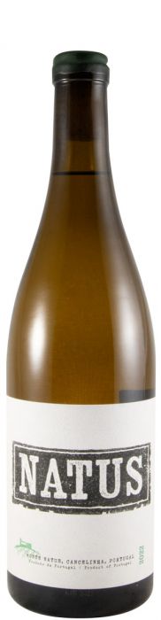 Vinho branco Natus Branco da Hamilton Reis em garrafa, com rótulo branco e detalhes dourados.