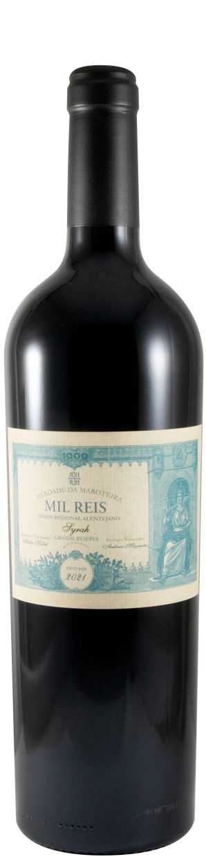 Vinho Mil Reis da Herdade da Maroteira, garrafa de vinho tinto com rótulo elegante, em taça de vinho.