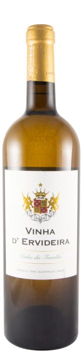 Vinho branco Vinha D'Ervideira, garrafa elegante de vinho branco da marca Ervideira, sobre mesa de madeira.
