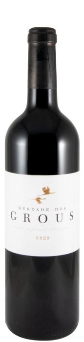 Taça de vinho tinto Herdade dos Grous, garrafa de vinho Herdade dos Grous, rótulo de vinho tinto Herdade dos Grous