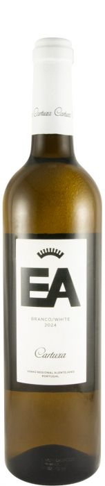 Vinho branco EA da Fundação Eugénio de Almeida, garrafa de vinho branco com rótulo branco e detalhes dourados.