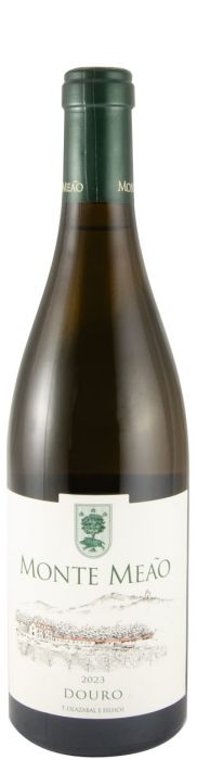 Taça de vinho branco Monte Meão, vinho da marca F. Olazabal & Filhos, em taça transparente com vinho branco claro.