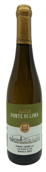 Vinho Verde branco seco Adega de Ponte Lima, garrafa com rótulo que mostra o vinho de cor clara e elegantes detalhes na embalagem