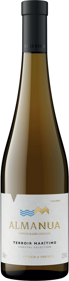 Vinho Verde Almanua Branco de Luis Cerqueira, garrafa com rótulo detalhado e destaque para o vinho branco na imagem.
