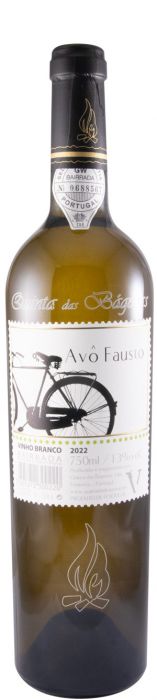Vinho Avo Fausto Branco da Quinta das Bageiras, garrafa de vinho branco com rótulo detalhado em imagem.
