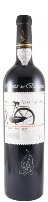Vinho Avo Fausto Tinto da Quinta das Bageiras, garrafa de vinho tinto com rótulo detalhado sobre uma mesa de madeira.