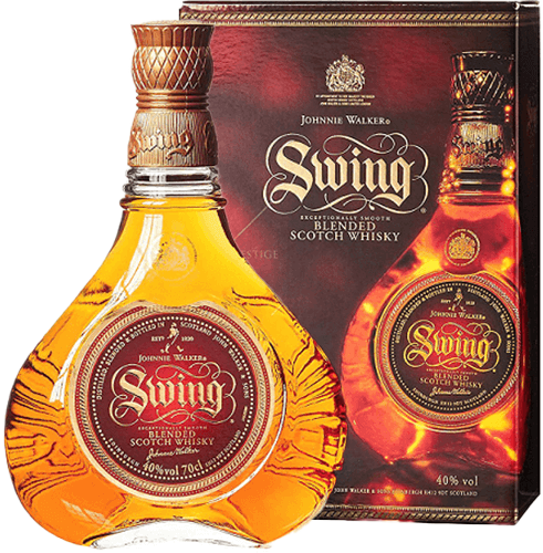 Garrafa de whisky J.Walker Swing, destilado de marca J.Walker, exibida em uma imagem com rótulo e embalagem elegante