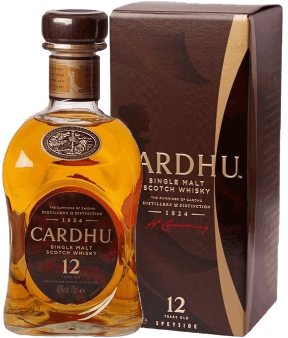 Imagem de uma garrafa de whisky Cardhu 12 anos, destilado de sabor suave e aroma complexo, em embalagem elegante.