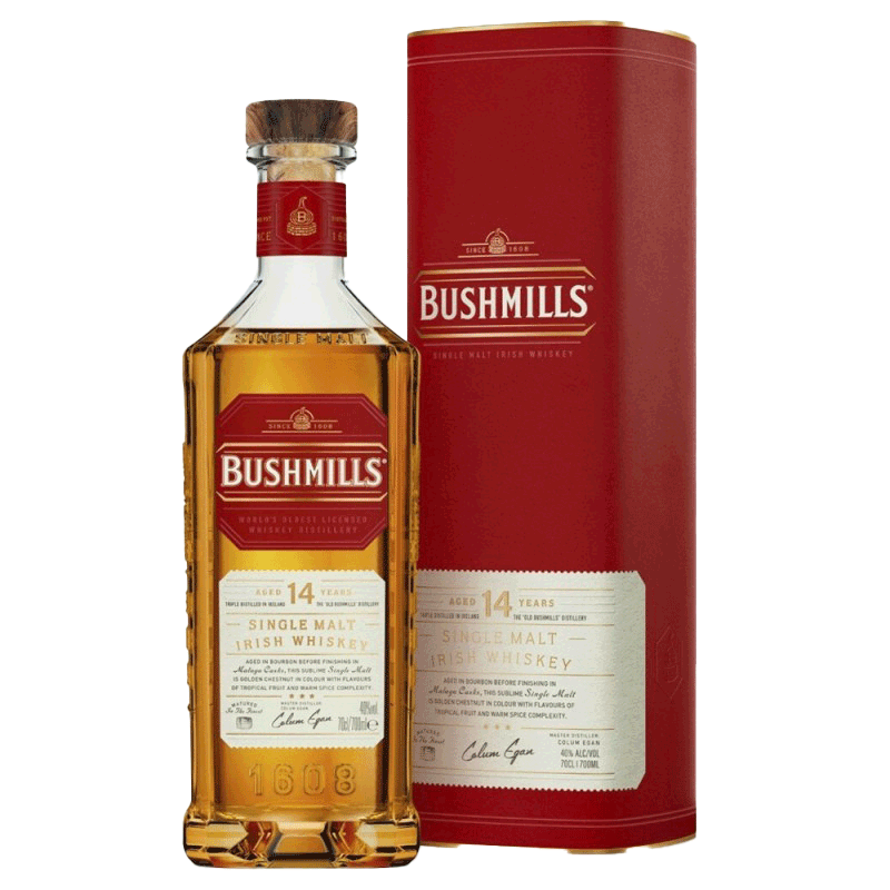 Imagem de destilado Bushmills 14 Anos, whisky envelhecido, na garrafa com rótulo detalhado e embalagem elegante.