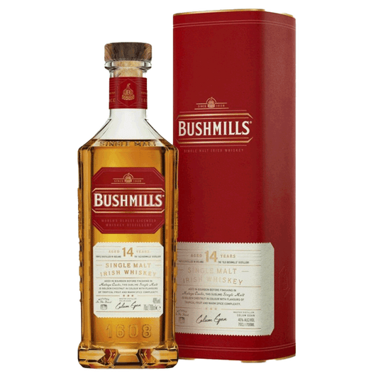 Imagem de destilado Bushmills 14 Anos, whisky envelhecido, na garrafa com rótulo detalhado e embalagem elegante.