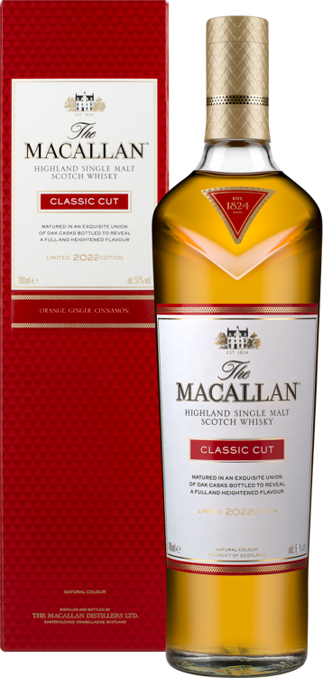 Taça de whisky Macallan Classic Cut, edição limitada 2022, destaque para a garrafa de destilado de alto padrão.