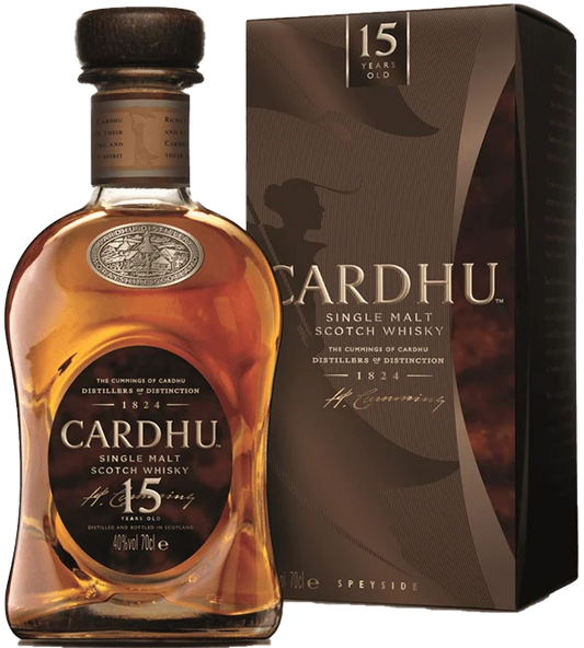 Whisky Cardhu 15 Anos, destilado de malte com embalagem elegante, destaque para a garrafa e rótulo na imagem.