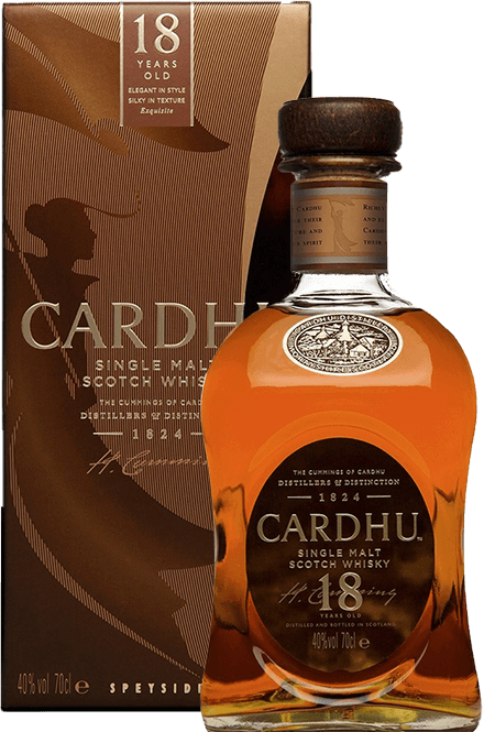 Whisky Cardhu 18 anos, destilado de malte com embalagem elegante, destaque para sua cor dourada e rótulo clássico.