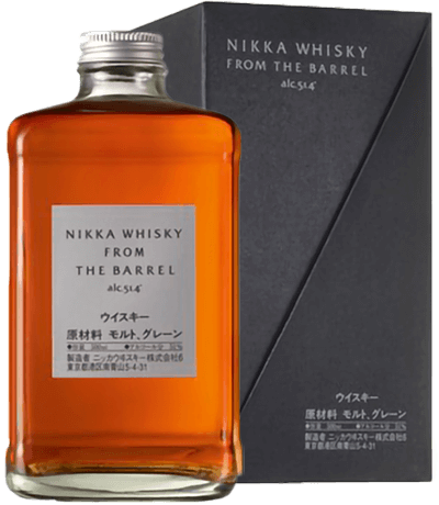 Whisky Nikka From The Barrel, destilado japonês em garrafa de vidro com rótulo e tampa dourada.