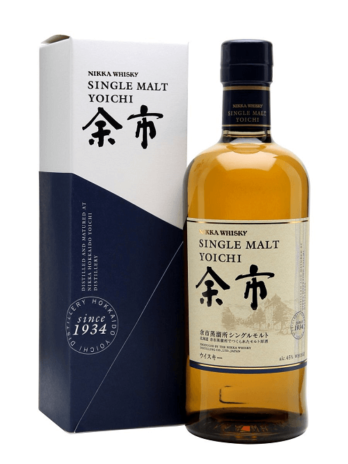 Whisky Nikka Yoichi Single Malt em garrafa de destilados, com rótulo elegante e detalhes dourados.