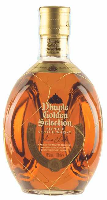 Taça de whisky Dimple Golden Select com destilados Dimple, mostrando a garrafa e copo com bebida dourada.