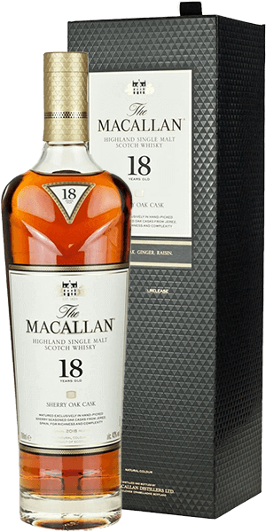 Taça de whisky Macallan 18 anos Sherry Oak, destilados de marca Macallan com cor âmbar e aroma intenso.