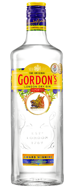 Garrafa de Gin Gordon's London Dry Destilados, marca Alexander Gordon & Co., com rótulo transparente e tampa dourada