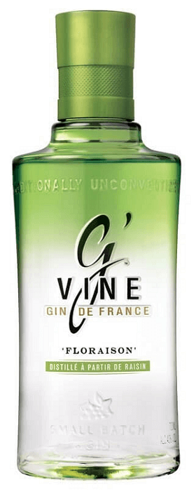 G'Vine Floraison, destilado de gin aromatizado, com garrafa elegante e detalhes do rótulo visíveis na imagem.