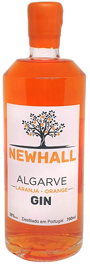 Garrafa de Gin Newhall Laranja, destilado de sabor cítrico, com rótulo azul e laranja, mostrando o frasco em fundo branco.
