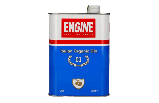 Garrafra de gin Engine Organic, destilado artesanal, com rótulo e tampa visíveis, em fundo neutro.