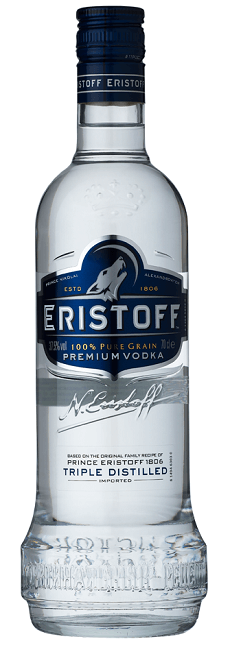 Garrafa de Vodka Eristoff original, destilado transparente em embalagem de vidro com rótulo azul e branco.