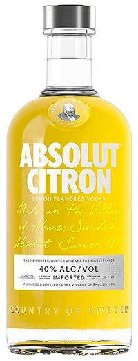 Garrafeira Vodka Absolut Citron destilados em garrafa de vidro com rótulo amarelo e limão na embalagem