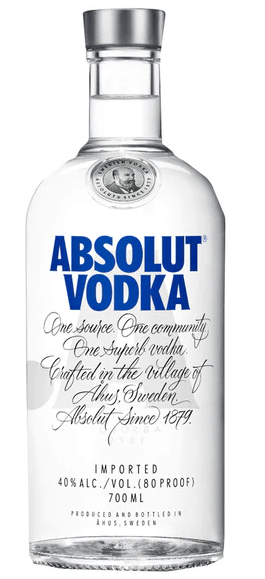 Garrafeira Vodka Absolut original, garrafa de destilados transparente com rótulo azul e branco, destaque para a embalagem.