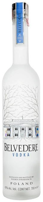 Garrafa de vodka Belvedere de destilados, com design elegante e rótulo azul, destacando o produto de alta qualidade.