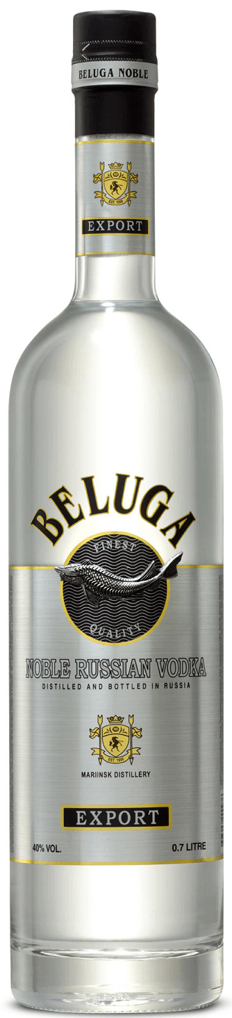 Garrafa de vodka Beluga Noble Russian, destilado de alta qualidade, com rótulo elegante e design sofisticado.
