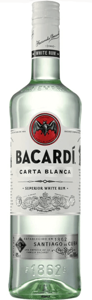 Garrafa de rum Bacardi Carta Branca, destilado de sabor suave, com rótulo branco e garrafa transparente, na imagem.