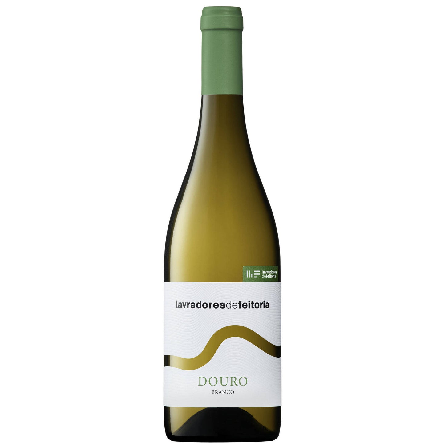 Vinho branco Lavradores de Feitoria, garrafa de vinho com rótulo elegante, destaque para a marca Lavradores de Feitoria