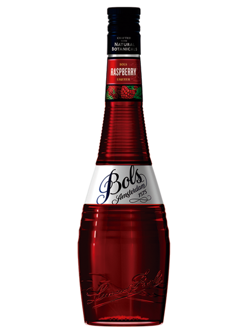 Licor Bols Framboesa, bebida alcoólica com sabor de framboesa, em garrafa transparente com rótulo colorido.