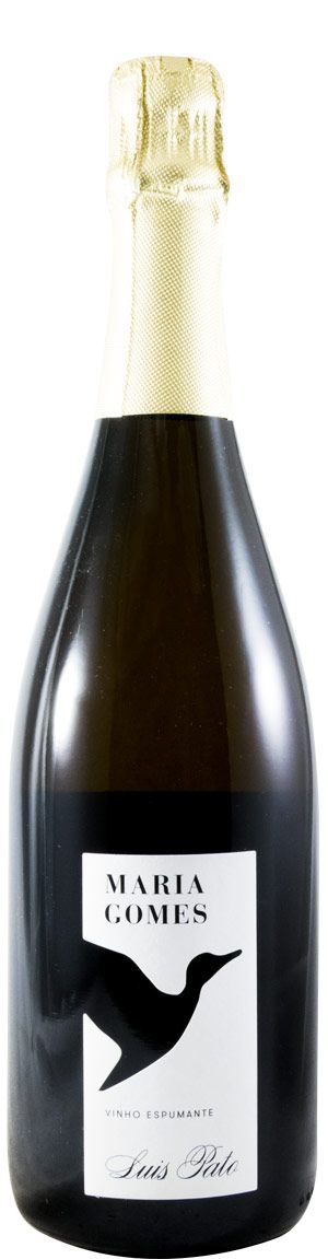 Espumante Luis Pato Maria Gomes na taça, com garrafa na mesa, destaque para a efervescência e elegância do vinho branco espumante.