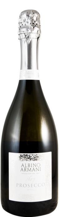 Taça de espumante Prosecco Albino Armani, garrafa de espumante branco com rótulo elegante e borbulhas visíveis.