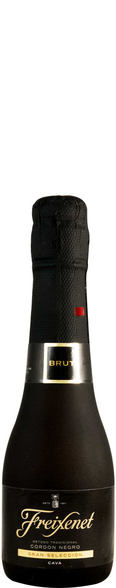 Espumante Freixenet Cordon Negro Gran Selección Bruto de 20cl, garrafa pequena com rótulo clássico e taça ao lado.