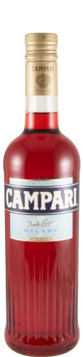 Licor Campari em garrafa vermelha, com rótulo clássico, destaque para cor vibrante e embalagem elegante.