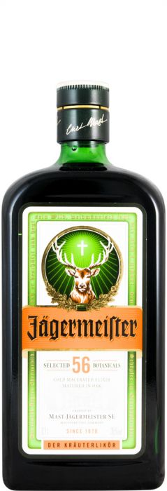 Garrafa de licor Jägermeister da marca Mast-Jägermeister SE, com rótulo verde e tampa, sobre fundo neutro