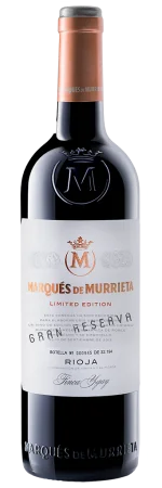 Taça de vinho Murrieta Grande Reserva, vinho do mundo da marca Murrieta, com garrafa e taça sobre fundo clara.
