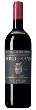 Taça de vinho tinto Biondi-Santi, garrafa de vinho do mundo, rótulo clássico, destaque para vinho de alta qualidade.