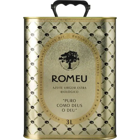 Azeite bio Quinta do Romeu Virgem Extra DOP em lata de 3 litros, garrafa de azeite de oliva ecológico e de alta qualidade.