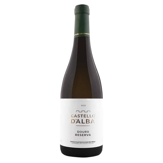 Vinho branco Castello D'Alba Reserva 2022 da Rui Robredo Madeira, garrafa elegante com rótulo detalhado.