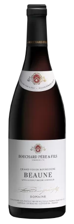 Taça de vinho tinto Bouchard Beaune, vinho do mundo de Bourgogne, com garrafa e taça em fundo elegante.